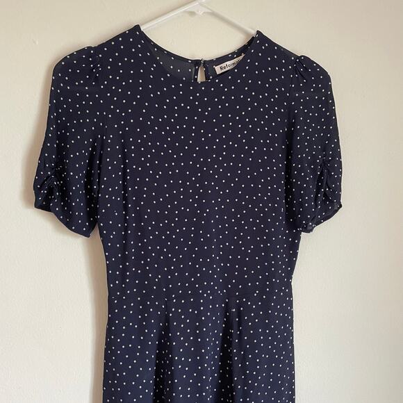Reformation Gracie Navy Blue Polka Dot Mini Dress SIZE 4 EUC Retro Classic - Picture 5 of 14